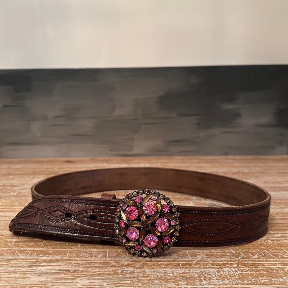 B-Low The Belt Brown Leather Belt With Pink Gemstone Buckle